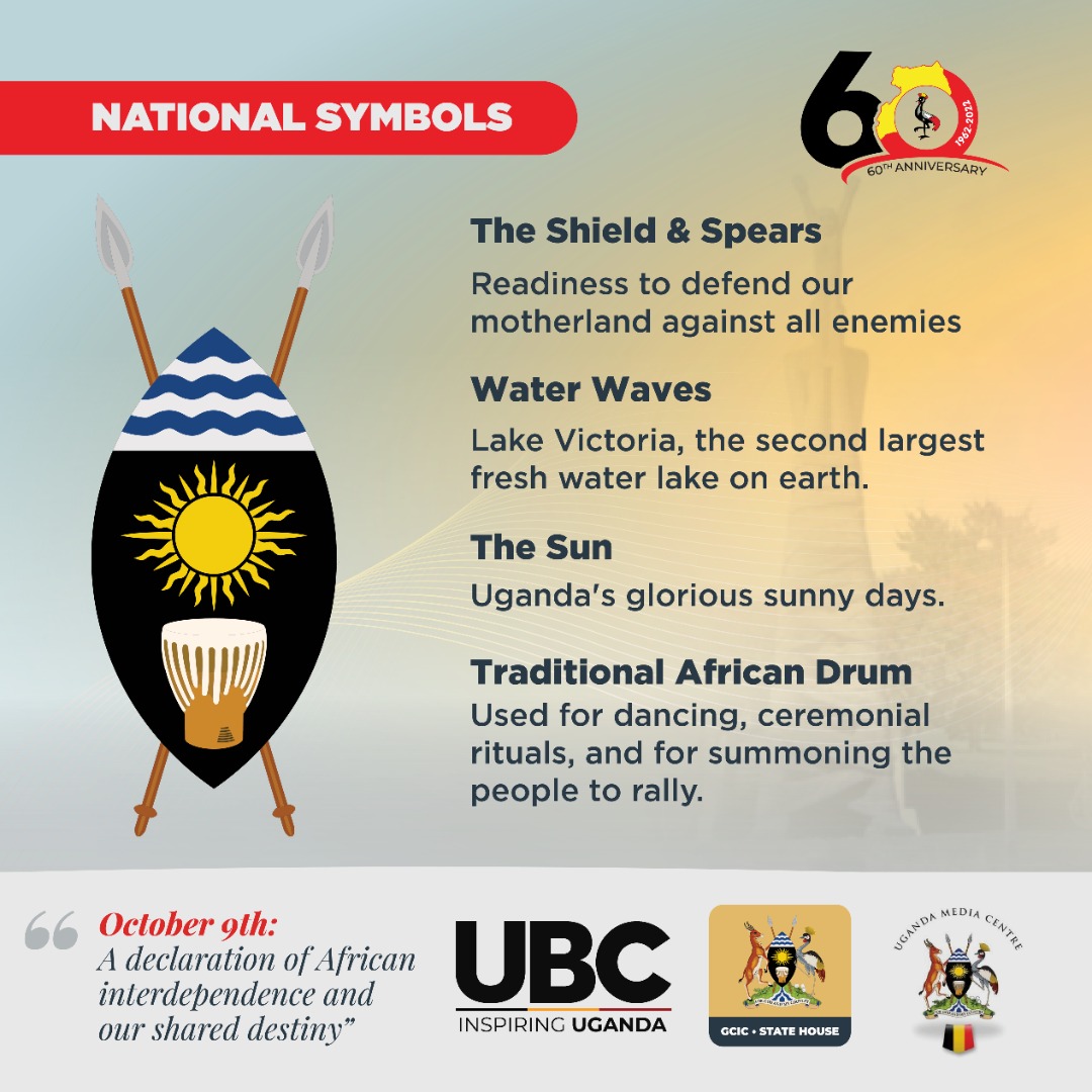 Close-up of Uganda coat of arms shield showing waves, sun, and drum symbols