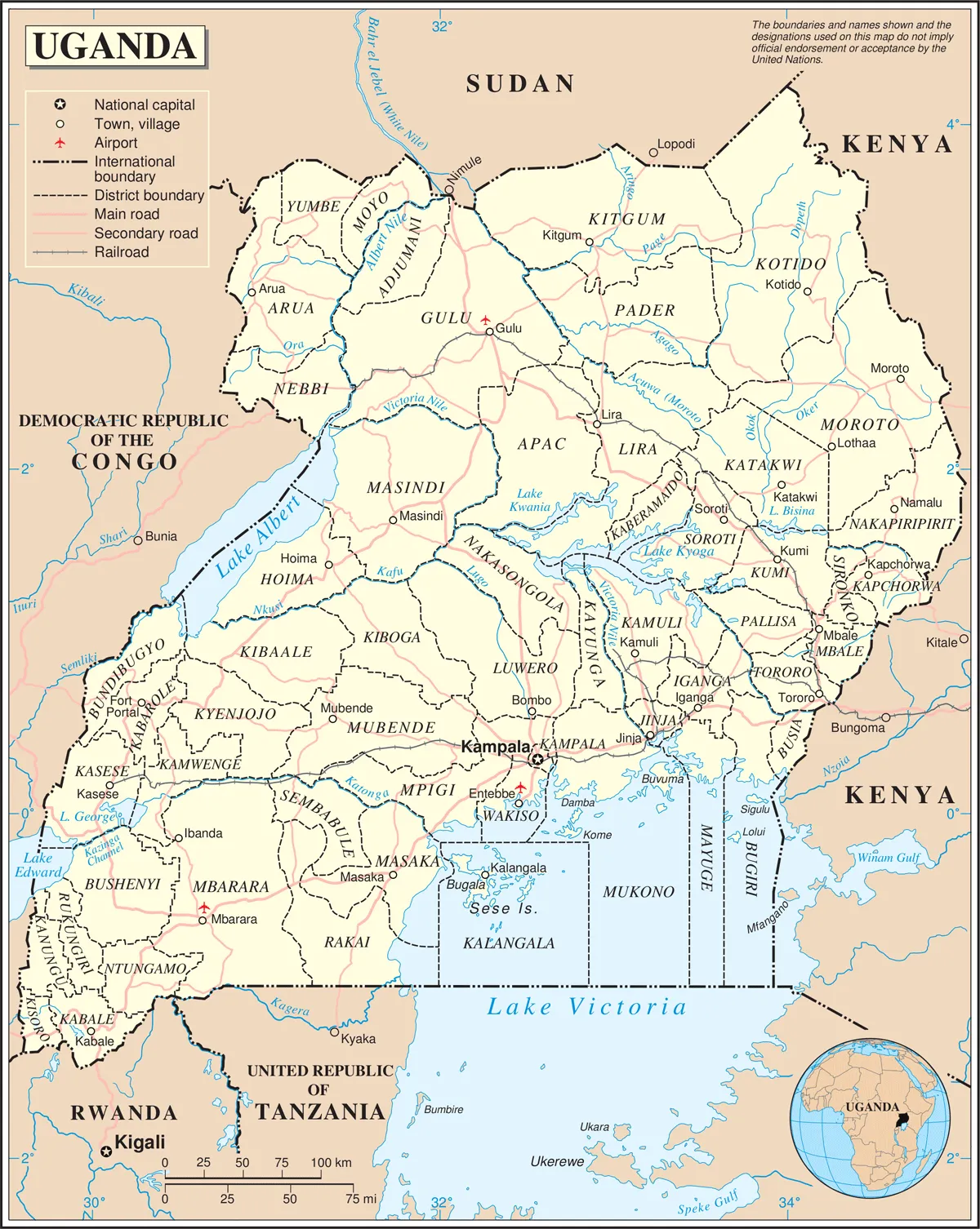Uganda map of districts showing 135 administrative districts grouped into four regions Uganda map of districts showing 135 administrative districts grouped into four regions